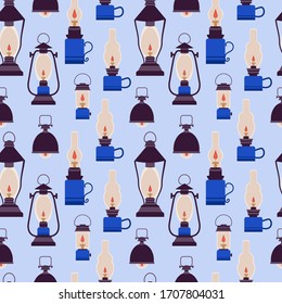 Seamless pattern. Retro gas lamp with a luminous fire wick. Flat tourist oil lantern outline vector illustration. Old lamp for hiking. For flyers, stickers