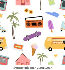 Seamless pattern with retro girl roller skates, skateboarding, Digital paper with groovy retro items, Endless backgrounds with cafe and palm tree. Repeatable textures with cute houses.