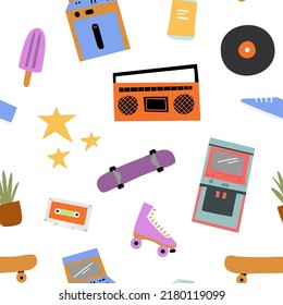 Seamless pattern with retro girl roller skates, skateboarding, Digital paper with groovy retro items, Endless backgrounds with cafe and palm tree. Repeatable textures with cute houses.