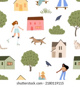 Seamless pattern with retro girl roller skates, skateboarding, Digital paper with groovy retro items, Endless backgrounds with cafe and palm tree. Repeatable textures with cute houses.