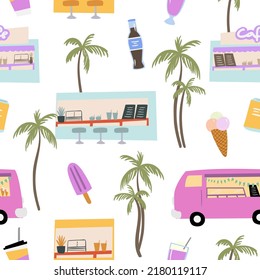 Seamless pattern with retro girl roller skates, skateboarding, Digital paper with groovy retro items, Endless backgrounds with cafe and palm tree. Repeatable textures with cute houses.