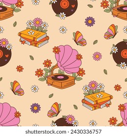 seamless pattern with retro gramophone, books, vinyl record