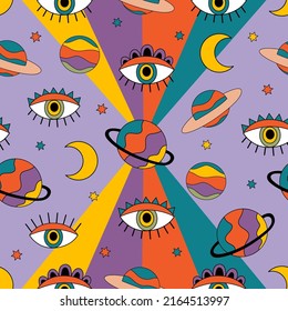 seamless pattern with retro graphic. Eye, planets, moon