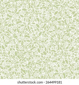  Seamless pattern. Retro green leaves on branches. Hand drawn wallpaper.