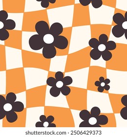 Seamless pattern of retro groovy checkered with black floral. It's a pattern that looks feminine. Pattern for fabric and wrapping paper, Pattern for design wallpaper and fashion prints.