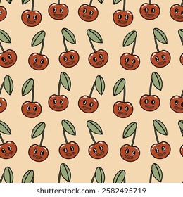 Seamless pattern with retro groovy cherry on a beige background. Vector illustration for packaging, baby clothes, wrapping paper, cover, case