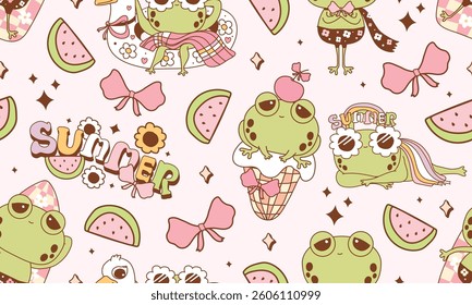 seamless pattern retro groovy frog in summer isolated on color background. vector illustration.