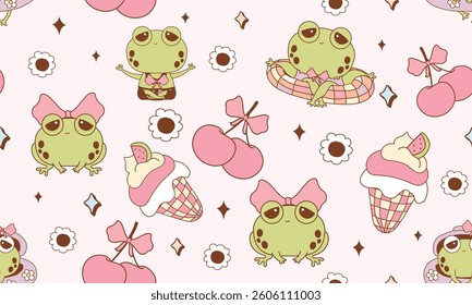 seamless pattern retro groovy frog in summer isolated on color background. vector illustration.