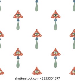 Seamless pattern with Retro Groovy Mushroom with eye. Vintage summer 70s