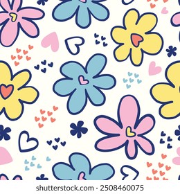 Nahtloses Muster von Retro-Groovy Pastellfarbe Blumen. Es ist ein weibliches Muster. Musterdesign für Stoff, Umschlagpapier, Tapeten und Modedrucke.