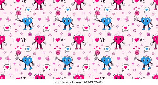 Seamless pattern  with retro groovy pink and blue hearts characters. Print for children's clothing, card, background, invitation, greeting card, textile, print, and wallpapers, wedding.  Valentines da