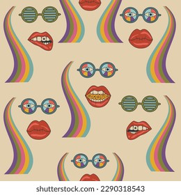 Seamless pattern retro groovy set. Disco wallpaper. Vector