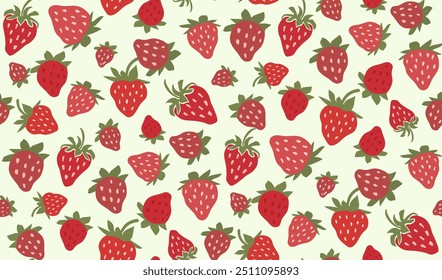 Nahtloses Muster aus retro-groovigen Erdbeeren auf grünem Hintergrund. Nette Sommerfrüchte im Doodle-Stil für Stoffdrucke.