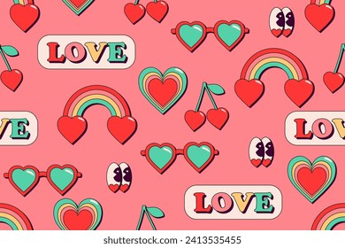 Seamless pattern in retro groovy style on pink background. Bright Background for Valentine's Day. Romantic cute pattern with glasses, rainbows, eyes, heart, cherries and the inscription - love. Vectоr