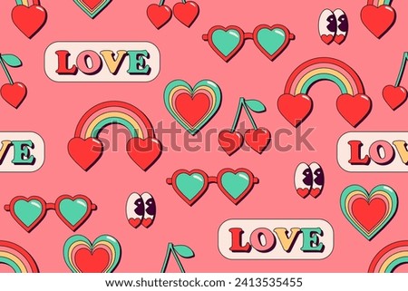 Seamless pattern in retro groovy style on pink background. Bright Background for Valentine's Day. Romantic cute pattern with glasses, rainbows, eyes, heart, cherries and the inscription - love. Vectоr