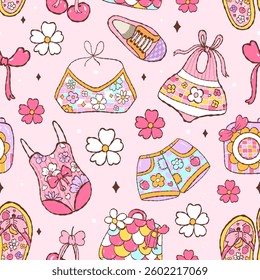 seamless pattern retro groovy summer and vacation day on color background. Vector illustration.