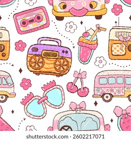 seamless pattern retro groovy summer and vacation day on color background. Vector illustration.