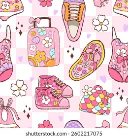 seamless pattern retro groovy summer and vacation day on color background. Vector illustration.