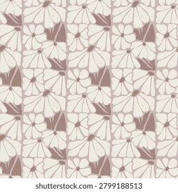 Seamless pattern of retro hand drawn abstract flowers in mauve pink and beige tones
