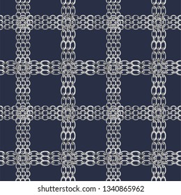 Seamless pattern with retro hand-drawn sketch silver chain on dark background. Drawing engraving texture. Great design for fashion, textile, decorative frame, yacht style card. Vector illustration