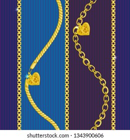 Seamless pattern with retro hand-drawn sketch golden chain on dark background. Drawing engraving texture. Great design for fashion, textile, decorative frame, yacht style card. Vector illustration