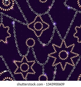 Seamless pattern with retro hand-drawn sketch silver chain on dark background. Drawing engraving texture. Great design for fashion, textile, decorative frame, yacht style card. Vector illustration