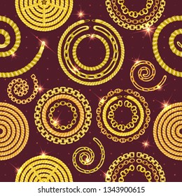 Seamless pattern with retro hand-drawn sketch golden chain on dark background. Drawing engraving texture. Great design for fashion, textile, decorative frame, yacht style card. Vector illustration