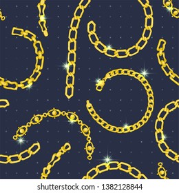 Seamless pattern with retro hand-drawn sketch golden chain on dark background. Drawing engraving texture. Great design for fashion, textile, decorative frame, yacht style card. Vector illustration