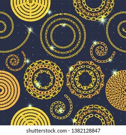 Seamless pattern with retro hand-drawn sketch golden chain on dark background. Drawing engraving texture. Great design for fashion, textile, decorative frame, yacht style card. Vector illustration
