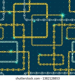 Seamless pattern with retro hand-drawn sketch golden chain on dark background. Drawing engraving texture. Great design for fashion, textile, decorative frame, yacht style card. Vector illustration