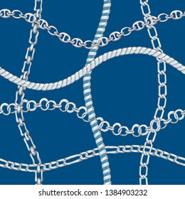 Seamless pattern with retro hand-drawn sketch silver chain on blue background. Drawing engraving texture. Great design for fashion, textile, decorative frame, yacht style card. Vector illustration