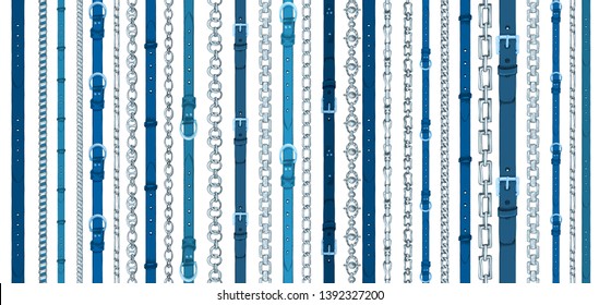 Seamless pattern with retro hand-drawn sketch belts, chain on white background. Drawing engraving illustration Great design for fabric, fashion, textile, decorative frame, yacht style poster and card