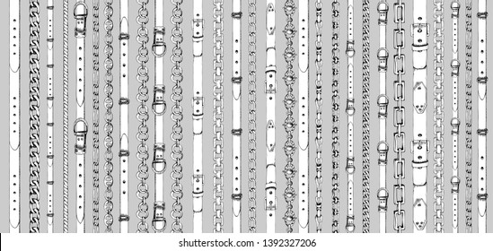 Seamless pattern with retro hand-drawn sketch belts, chain on gray background. Drawing engraving illustration Great design for fabric, fashion, textile, decorative frame, yacht style poster and card