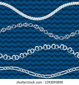 Seamless pattern with retro hand-drawn sketch silver chain on blue dark background Drawing engraving texture. Great design for fashion, textile, decorative frame, yacht style card. Vector illustration