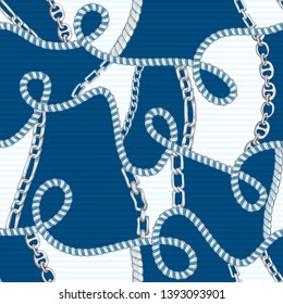 Seamless pattern with retro hand-drawn sketch silver chain on blue dark background Drawing engraving texture. Great design for fashion, textile, decorative frame, yacht style card. Vector illustration