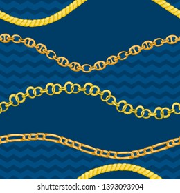 Seamless pattern with retro hand-drawn sketch golden chain on blue dark background Drawing engraving texture. Great design for fashion, textile, decorative frame, yacht style card. Vector illustration
