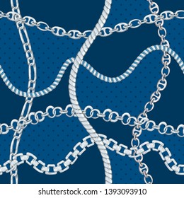Seamless pattern with retro hand-drawn sketch silver chain on blue dark background Drawing engraving texture. Great design for fashion, textile, decorative frame, yacht style card. Vector illustration