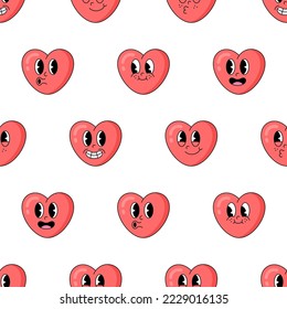Seamless pattern and retro heart character  Heart character and different emotions old cartoon style 