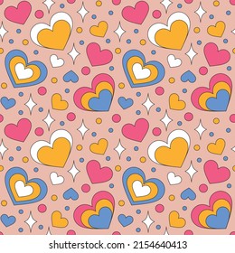 Seamless pattern with retro hearts and sparkles. Summer simple minimalist heart. 70 s style love. Colorful background. Vector illustration