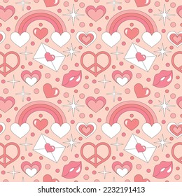 Seamless pattern with retro hearts and sparkles. Summer simple minimalist heart. 70 s style love. Colorful pink background. Vector illustration.