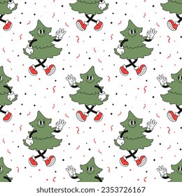 Seamless pattern, retro hippie character of a merry Christmas tree. Christmas print, background in cartoon style. Vector