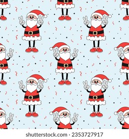 Patrón incomparable, retro personaje hippie de alegre Santa Claus. Impresión navideña, fondo al estilo de las caricaturas. Vector