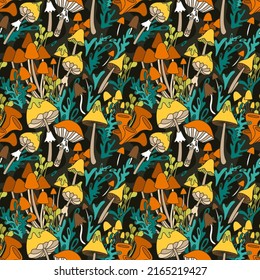 Seamless pattern in retro hippie style with mushrooms, amanita, toadstools. Background 70s, 80s stylization with fantastic mushrooms, tribal pattern.