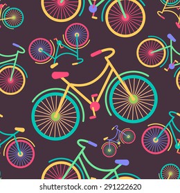 Seamless pattern of retro hipster styled bycycle placed on a colored background. Fully editable vector illustration. Perfect use for textile, images, cards, post cards, etc.