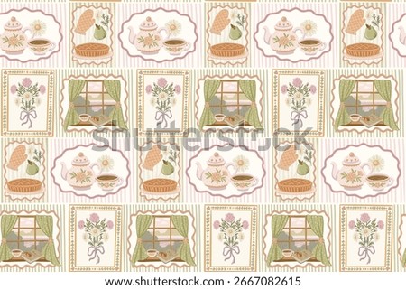 Seamless pattern of retro home picture scene with bouquet and window on striped background. Hand drawn coquette poster. Great for kitchen textile and wallpaper. Perfect for bed linen and kids decor.