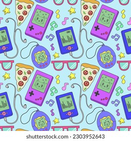 Patrón inmaculado con íconos retro que retratan "tamagotchi", consola de juegos, un jugador, gafas y otros objetos del colorido estilo de los años 80 y 90. Ilustración vectorial plana.
