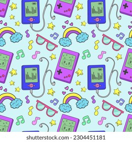 Seamless pattern with retro icons depicting a game console, player, glasses, rainbow, stars and other items in the colorful style of the 80s and 90s. Commercial vector illustration.