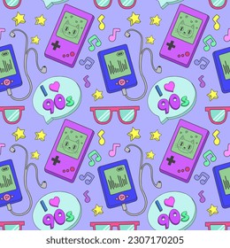 Patrón inmaculado con íconos retro que retratan "tamagotchi", consola de juegos, un jugador, gafas y otros objetos del colorido estilo de los años 80 y 90. Ilustración vectorial plana.