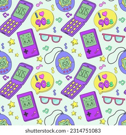 Seamless pattern with retro icons depicting "tamagotchi", a game console, a player, glasses and other items in the colorful style of the 80s and 90s. Flat vector illustration.