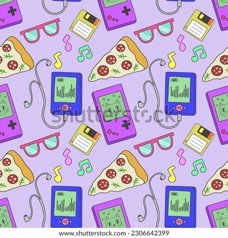 Seamless pattern with retro icons depicting "tamagotchi", a game console, a player and other items in the colorful style of the 80-90s. Flat vector illustration.